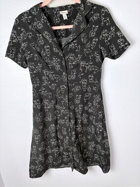 a new day Black Midi Dress with White Abstract Line Faces Button Front  Size XS